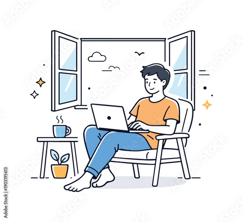 Laptop work near open windows. A person sits comfortably on a chair, laptop on lap, window wide open behind. Casual productivity scene with