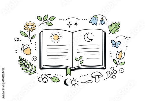 Nature-inspired equinox journaling. A notebook surrounded by leaves, flowers, and simple natural symbols, showing connection with seasonal