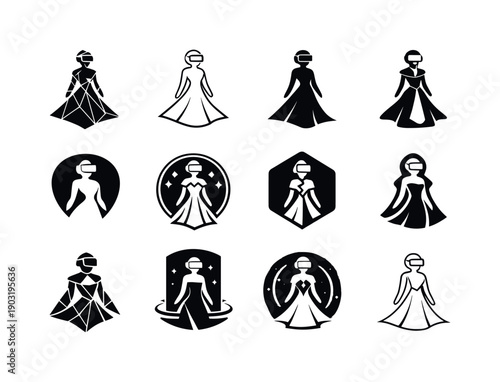 Virtual fashion shows in the metaverse. Icon set. Set Logo of Virtual fashion shows in the metaverse: virtual avatar wearing couture.