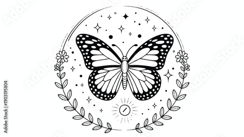A black and white line art illustration of a detailed butterfly centered within a circular wreath design (2)_traced