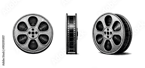 Cinema film reel shown as a single object presented in three views: front view, side view, and angled three-quarter view. Black and white dot