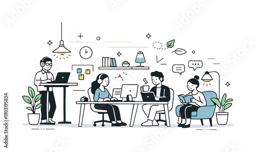 Designed for different minds. Editorial office scene showing adjustable lighting, plants, and simple layout supporting neurodiverse