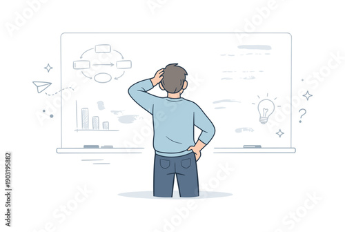 Whiteboards partially erased. Person standing in front of a whiteboard with faint writing and half-erased diagrams, soft smudges and dry