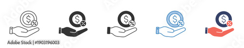 Diverse collection of financial transaction icons, featuring various styles of hands holding dollar coins to symbolize income, expense, and payment concepts