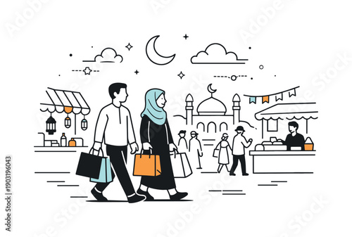 Ramadan market shopping at dusk. Walking through the market with shopping bags, relaxed pace and community feeling, sunset sky transitioning