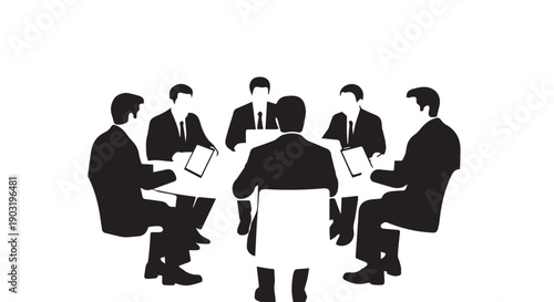 Business Meeting Silhouette: A gathering of professionals in a boardroom setting, engrossed in discussion and collaboration. This silhouette captures the essence of a strategic business meeting