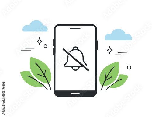 Digital quiet mode. A phone with notifications turned off, surrounded by leaves and soft clouds, sense of digital calm. Minimal metaphor of