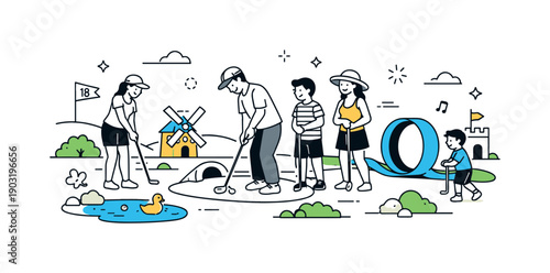 Seasonal mini-golf visits. Outdoor mini-golf course in mild seasonal weather, people lining up for a shot, playful obstacles and greenery,