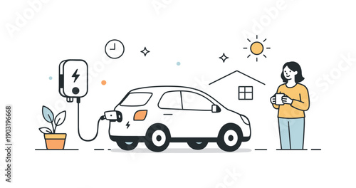Electric Car Charging. Electric car home charging. A simple electric vehicle connected to a wall-mounted charger, showing everyday routine and convenience.