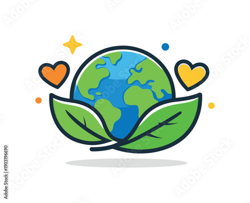 Eco-Friendly Globe Icon. Sustainable lifestyle featuring a simple globe icon wrapped with leaves and small hearts, expressing care for the planet and shared