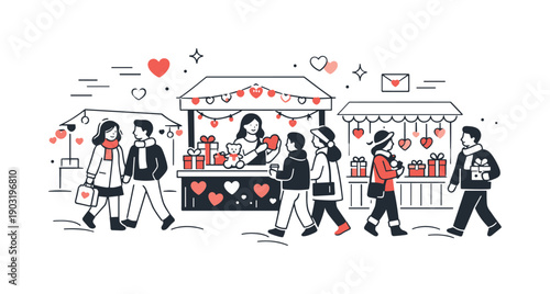 Festive Valentine market walk. People strolling past decorated stalls with lights, hearts, and gift boxes, slow movement and relaxed mood.