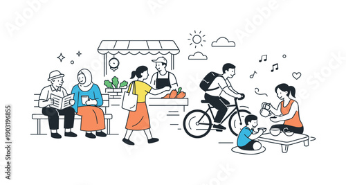 Local culture in daily life. People move through a routine scene shaped by shared habits and cultural context, feeling genuine and relatable.