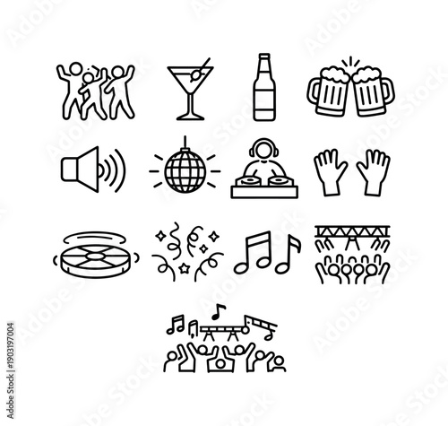 Drunken Revelry in Club. Line icon set of Drunken Revelry in Club: dancing crowd, cocktail glass, beer bottle, clinking glasses, loud