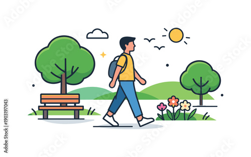 Spring park relaxation light walking moment with trees, flowers and open space, communicating balance, fresh air and positive everyday