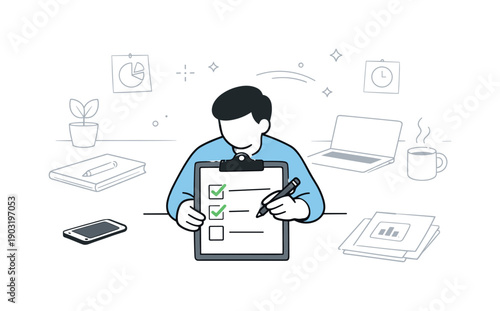 Focus without hustle. Desk scene with a single task highlighted while other elements stay soft and minimal. Clear priorities and unhurried