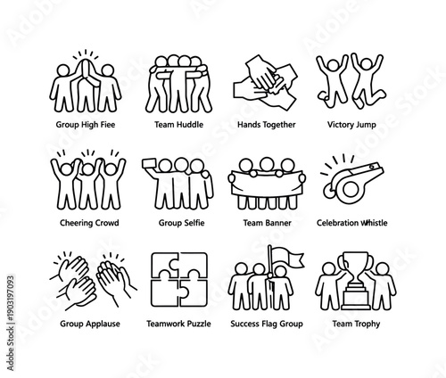 Team celebration. Line icon set of Team celebration: group high five, team huddle, hands together, victory jump, cheering crowd, group