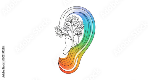 A vibrant illustration combining an abstract ear with a growing tree and colorful gradient,