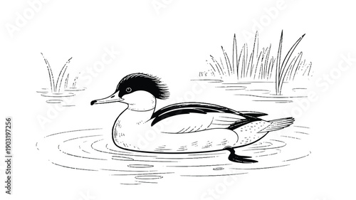 A black and white line drawing of a male common merganser duck swimming in shallow water (3)_traced