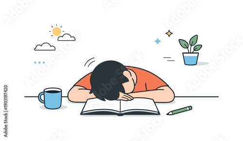 Everyday boredom realism. Person resting their head on a desk, notebook open but untouched, soft window light casting calm shadows. Gentle