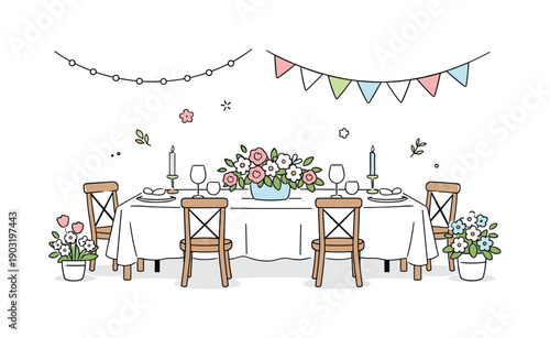Spring Wedding Elegance. Wedding season spring illustration. A wedding table setup with simple chairs, flowers, and soft decorative details, suggesting an