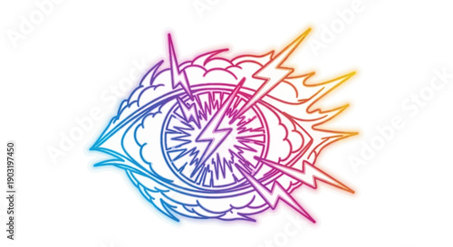 Vibrant neon eye with dynamic lightning bolts striking through its pupil creating an electrifying