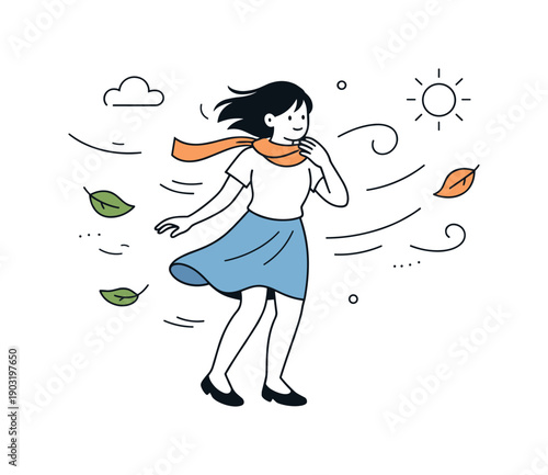 Wind surprises moments. A sudden gust moves leaves and clothing while a person reacts with a small shift in posture. The scene feels dynamic