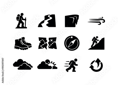 Resilient Journey Icons. Resilient journey. Solid icon set of Resilient journey: solitary hiker, narrow trail, cliff edge, headwind lines, rugged boots, torn