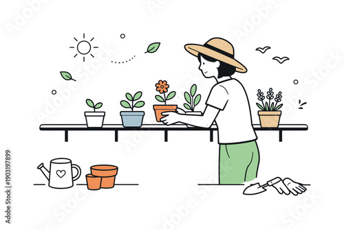 Balcony tidying rituals. A calm moment of reorganizing plant pots along the railing, creating visual rhythm and balance. The illustration