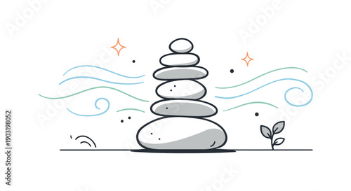 Balancing Stone Art. Rock balancing art. A balanced stone stack placed on a simple ground line with abstract wind or energy lines around it. The illustration