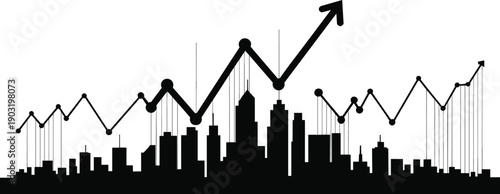 City skyline silhouette with rising financial chart and upward arrow, business growth and stock market success concept, economy analytics illustration isolated on white background.