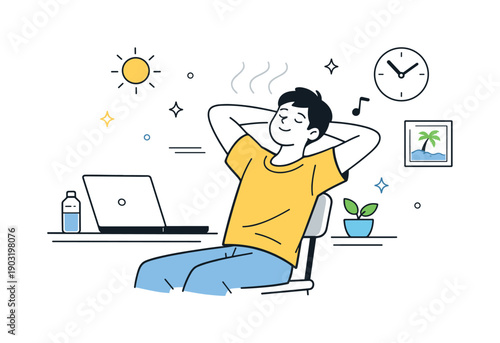 Workday pacing in hot weather. Person leaning back from a laptop, stretching gently in a warm, sunlit room. Listening to body signals and