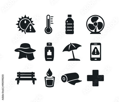 Heatwave Safety. Solid icon set of Heatwave Safety: sun warning, thermometer high, water bottle, cooling fan, hat sun protection, sunscreen