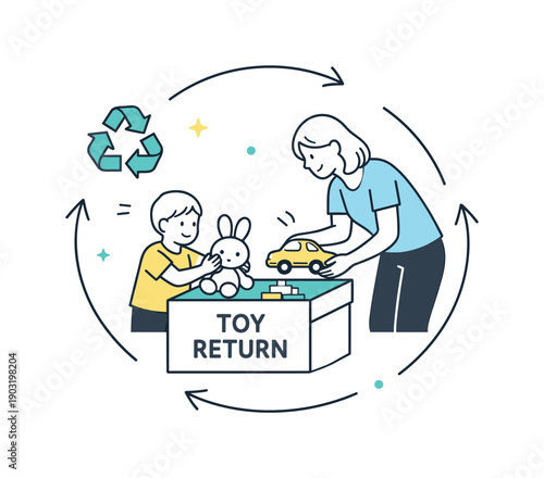 Circular toy rental return process. A parent and child calmly placing toys into a clean labeled return box with soft arrows and motion lines