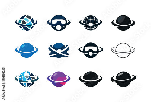Virtual Reality Icon Set. Virtual Reality (VR) Experiences. Icon set. Set Logo of Virtual Reality (VR) Experiences: immersive -degree sphere. harmonious logo