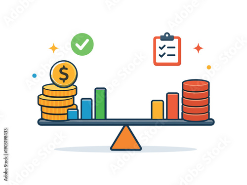 Balanced Financial Analytics. Financial analytics centered on monitoring revenue and expenses for stable planning. A clear metaphor of coins and bars arranged