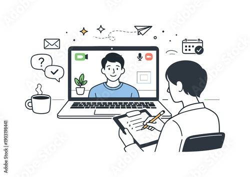 HR interviews with candidates. Video interview scene with candidate on laptop screen and interviewer taking notes. Modern remote hiring