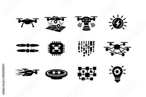 Future Drone Systems. Solid icon set of Future Drone Systems: futuristic drone, holographic navigation, advanced sensors, energy core, smart
