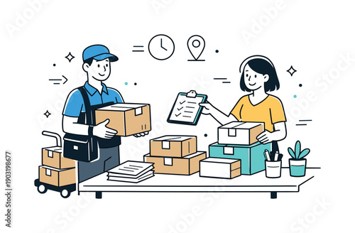 Courier service pickup. A courier collecting packages from a small business or office, organized and efficient process. Boxes and documents