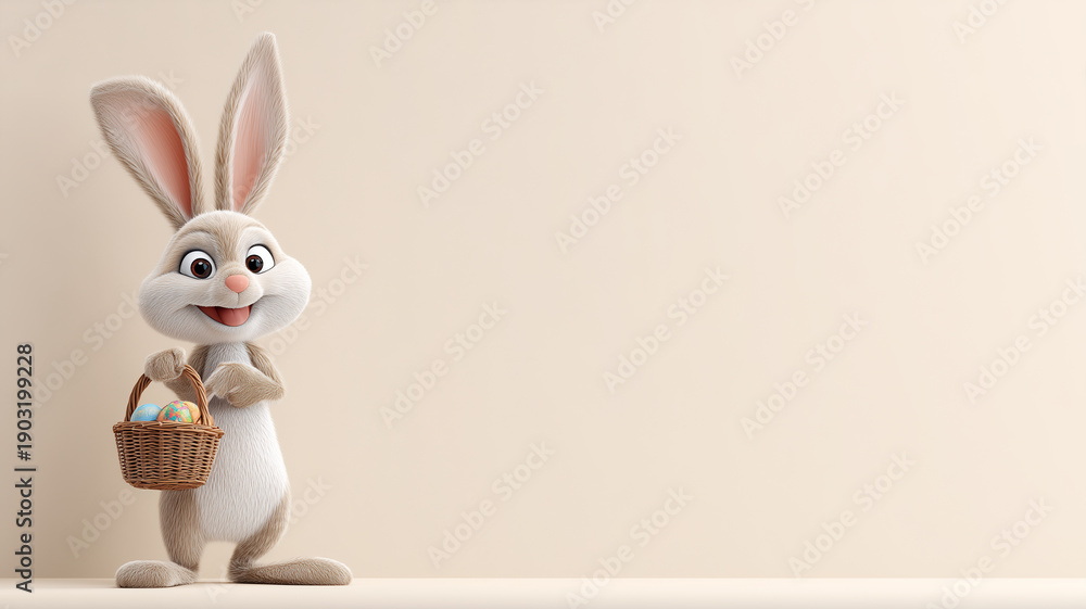 Obraz premium A cute 3D-style bunny standing with a woven basket filled with colorful Easter eggs. Minimalist background for spring holiday greetings.