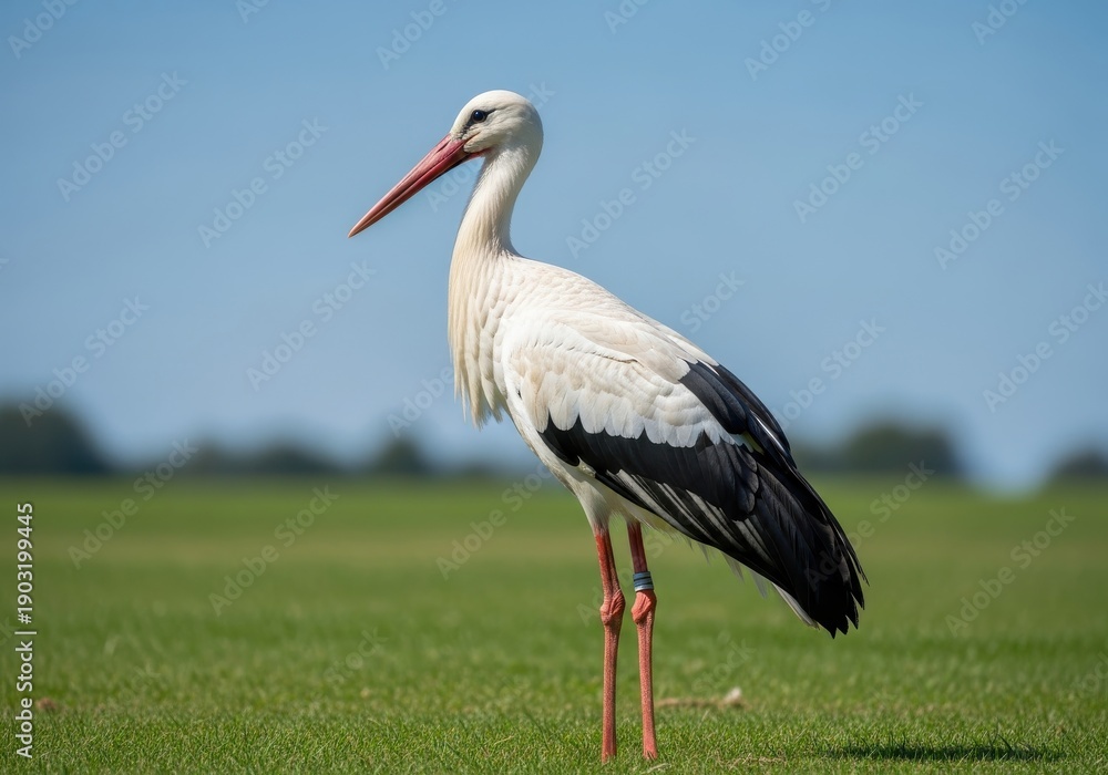 Fototapeta premium Tall wading bird with white and black plumage stands in bright sunlight on lush green field