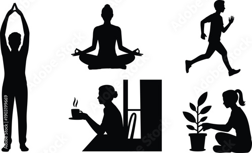 Healthy lifestyle silhouette set with yoga meditation, running exercise, stretching, coffee break and gardening, wellness routine and self care concept isolated on white background.