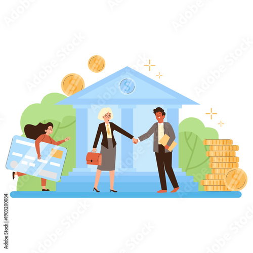 People in business attire shaking hands outside a bank building with coins and money.