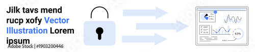 Data security, secure transfer, encryption, cybersecurity, digital privacy, data protection. Padlock connected to arrows pointing to a dashboard. Data security and secure transfer concept