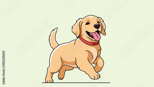 Golden retriever puppy with a red collar running joyfully across a pale green background in a charming cartoon illustration.