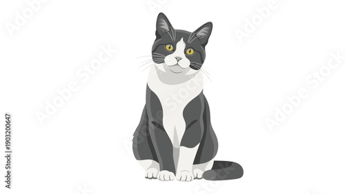 Black and white tuxedo cat sitting patiently with bright yellow eyes against a clean white background in a detailed illustration.