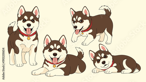 Collection of cute Siberian husky puppies in various playful poses featuring red collars with gold tags on a cream background.