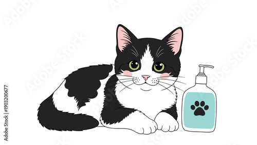 Cute black and white kitten sitting peacefully next to a bottle of hand sanitizer with a paw print icon in a clean illustration.