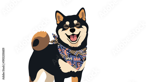 Black and tan shiba inu dog wearing a colorful patterned bandana and smiling happily in a bright cartoon illustration.