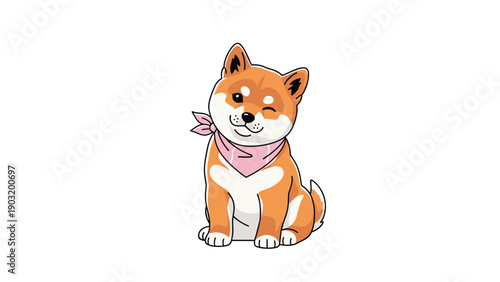 Adorable shiba inu puppy wearing a pink bandana and winking playfully in a charming cartoon illustration on a white background.