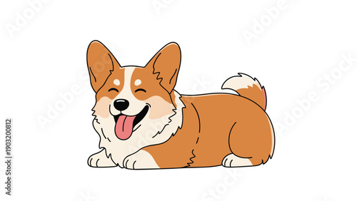Pembroke welsh corgi dog lying down and smiling with its tongue out in a charming and colorful cartoon illustration.